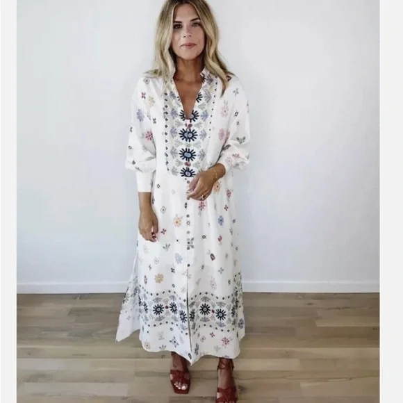 ZARA Oversized Linen Blend Floral Print MIDI Kaftan Dress White Large - Picture 13 of 13